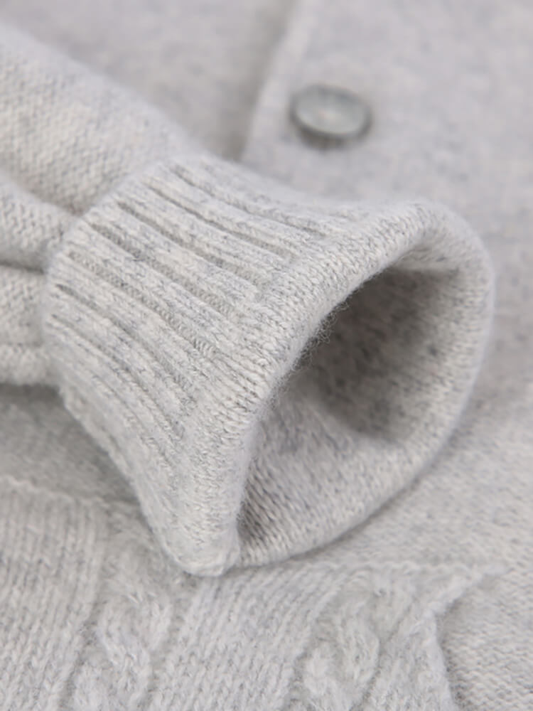 Kids Light Gray Cable Knit Cashmere Hoodie with Kangaroo Pocket